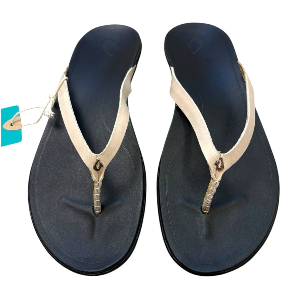 OluKai Ho'Opio Toe Post Sandals Leather Flip Flops‎ Tapa/Black NWT Size 11
